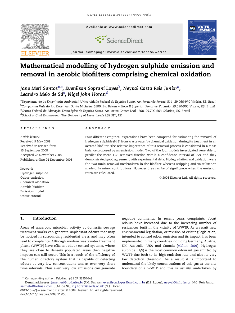 Mathematical modelling of hydrogen sulphide emission and removal in aerobic biofilters comprising chemical oxidation