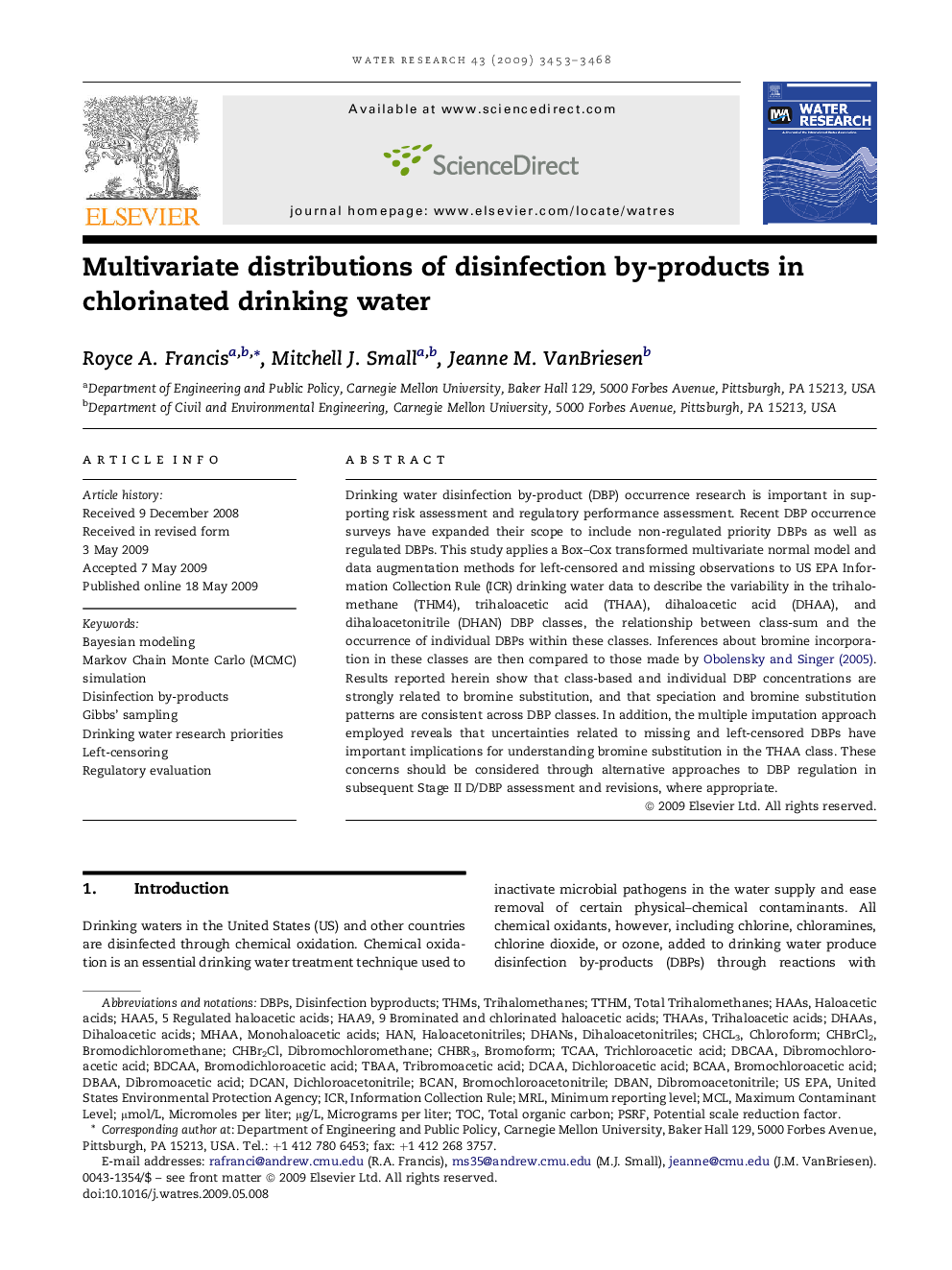 Multivariate distributions of disinfection by-products in chlorinated drinking water