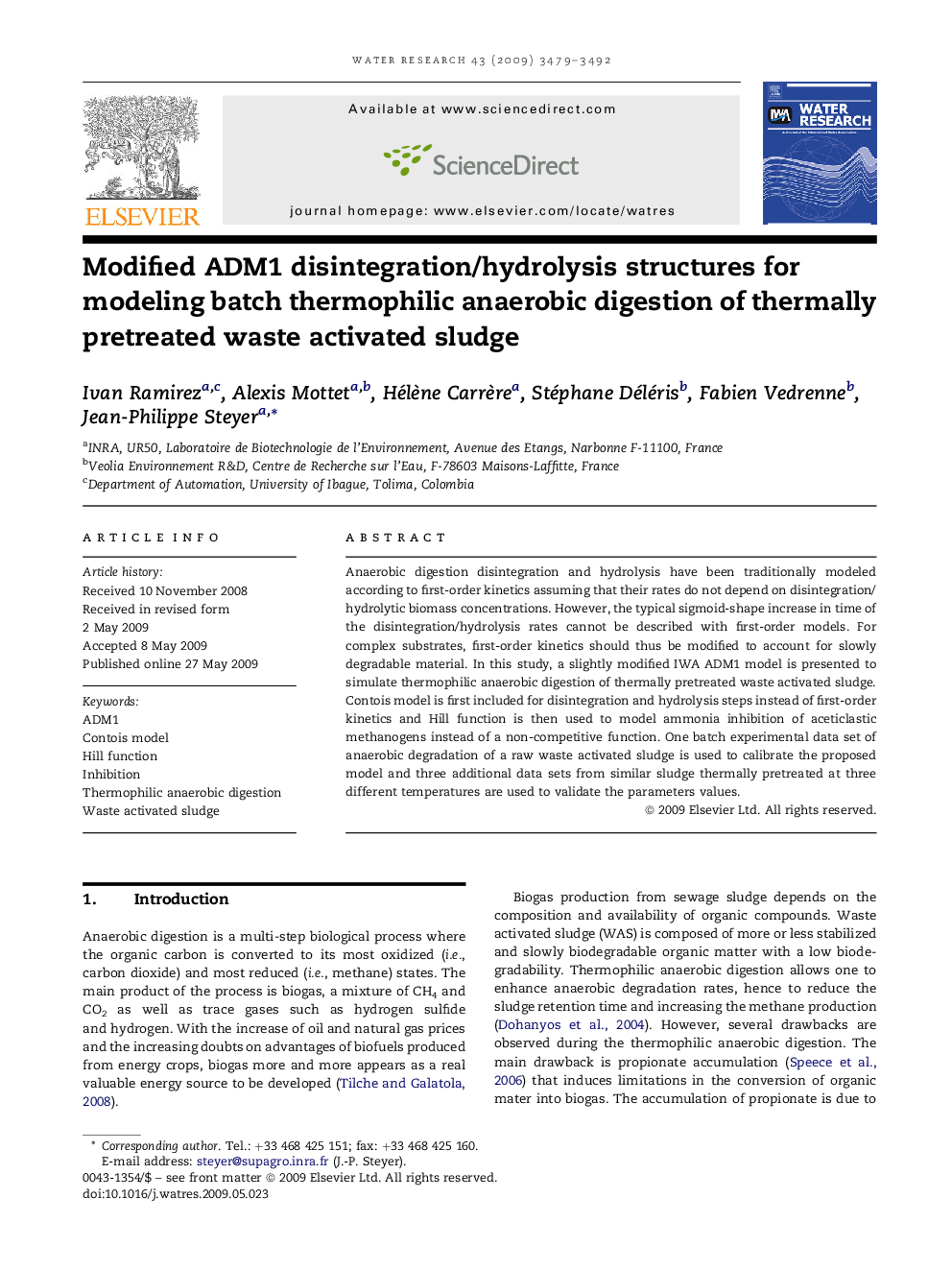 Modified ADM1 disintegration/hydrolysis structures for modeling batch thermophilic anaerobic digestion of thermally pretreated waste activated sludge