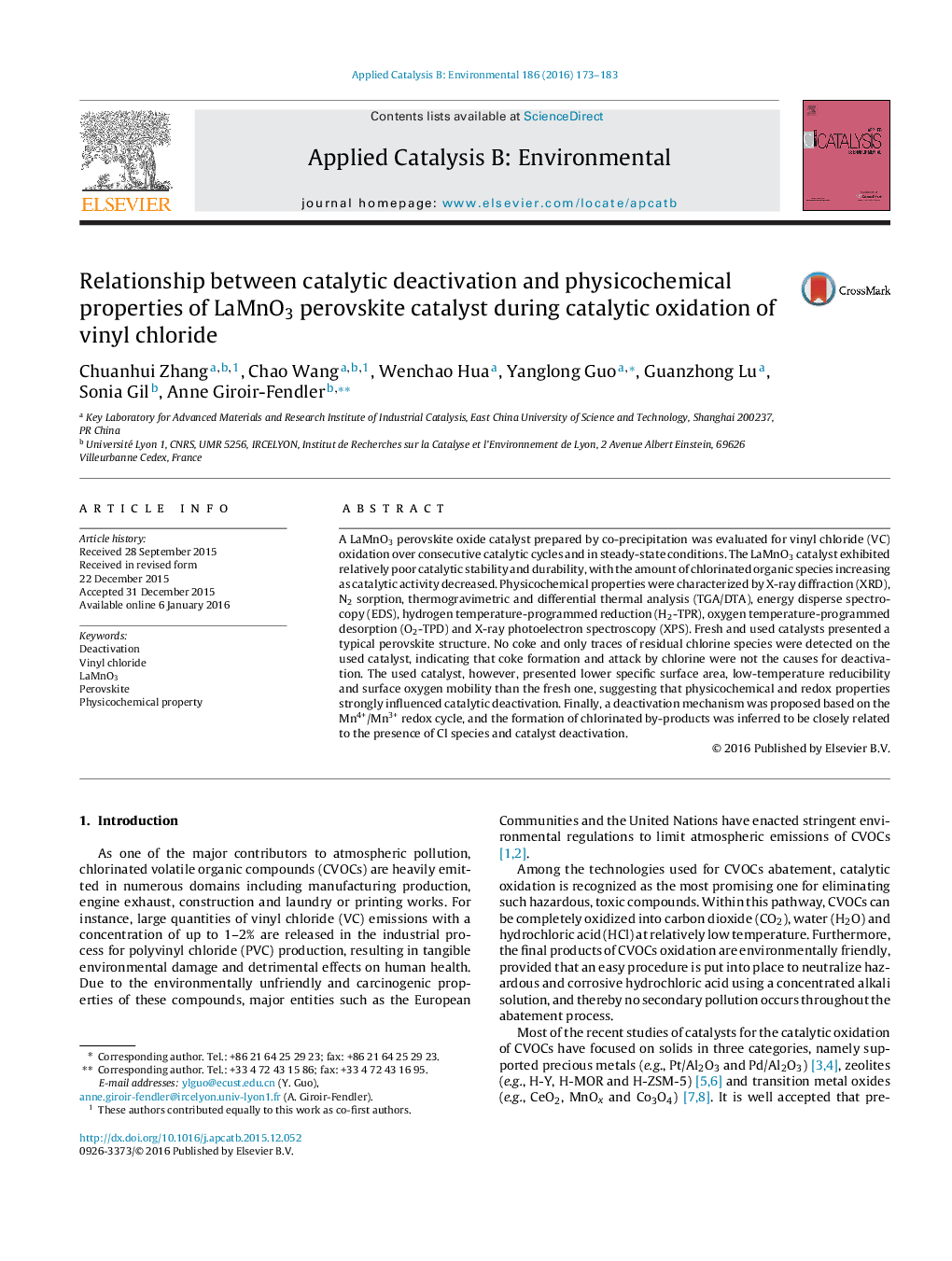 عکس صفحه اول مقاله: Relationship between catalytic deactivation and physicochemical properties of LaMnO3 perovskite catalyst during catalytic oxidation of vinyl chloride Relationship between catalytic deactivation and physicochemical properties of LaMnO3 perovskite catalyst during catalytic oxidation of vinyl chloride