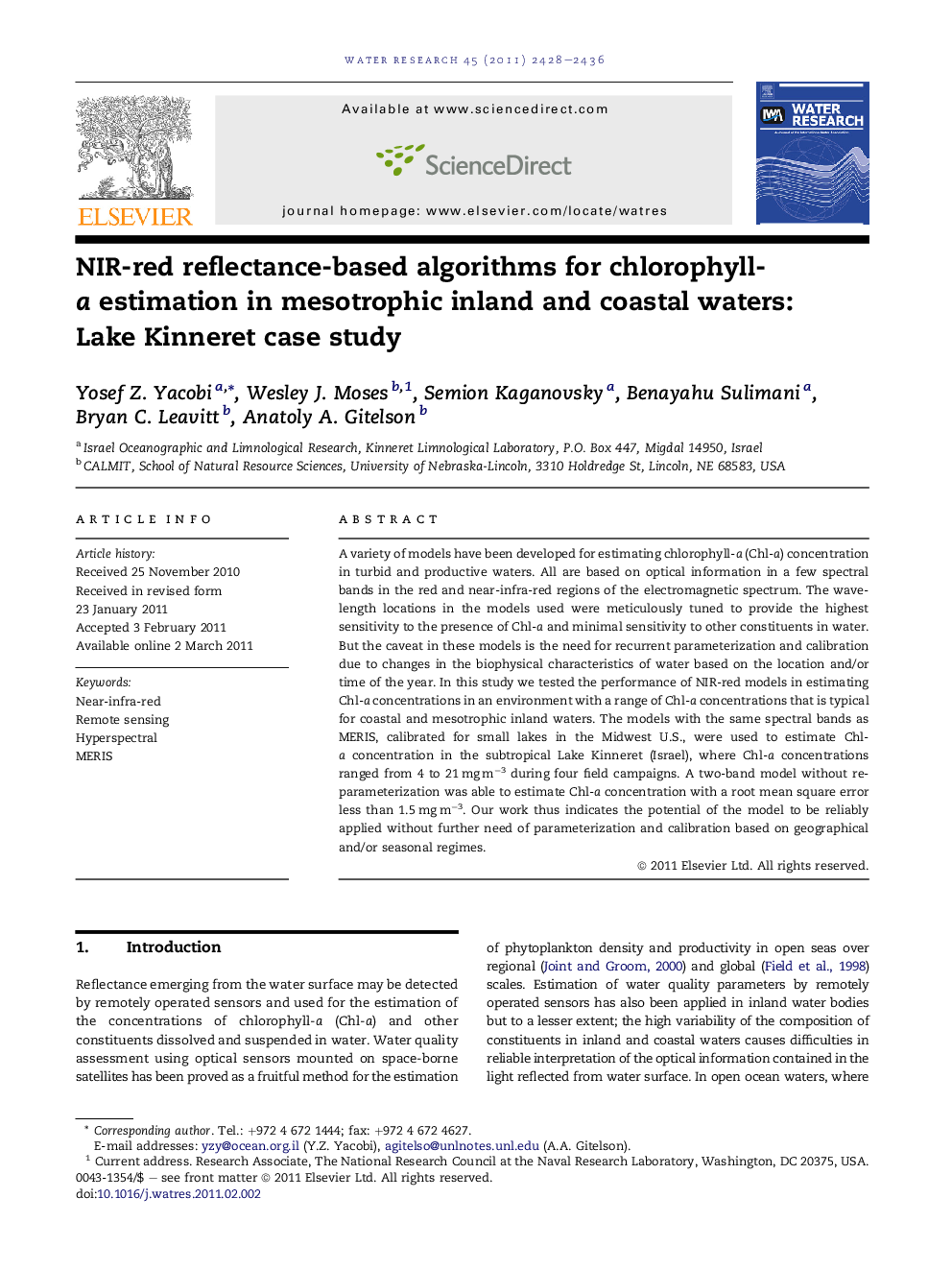 NIR-red reflectance-based algorithms for chlorophyll-a estimation in mesotrophic inland and coastal waters: Lake Kinneret case study