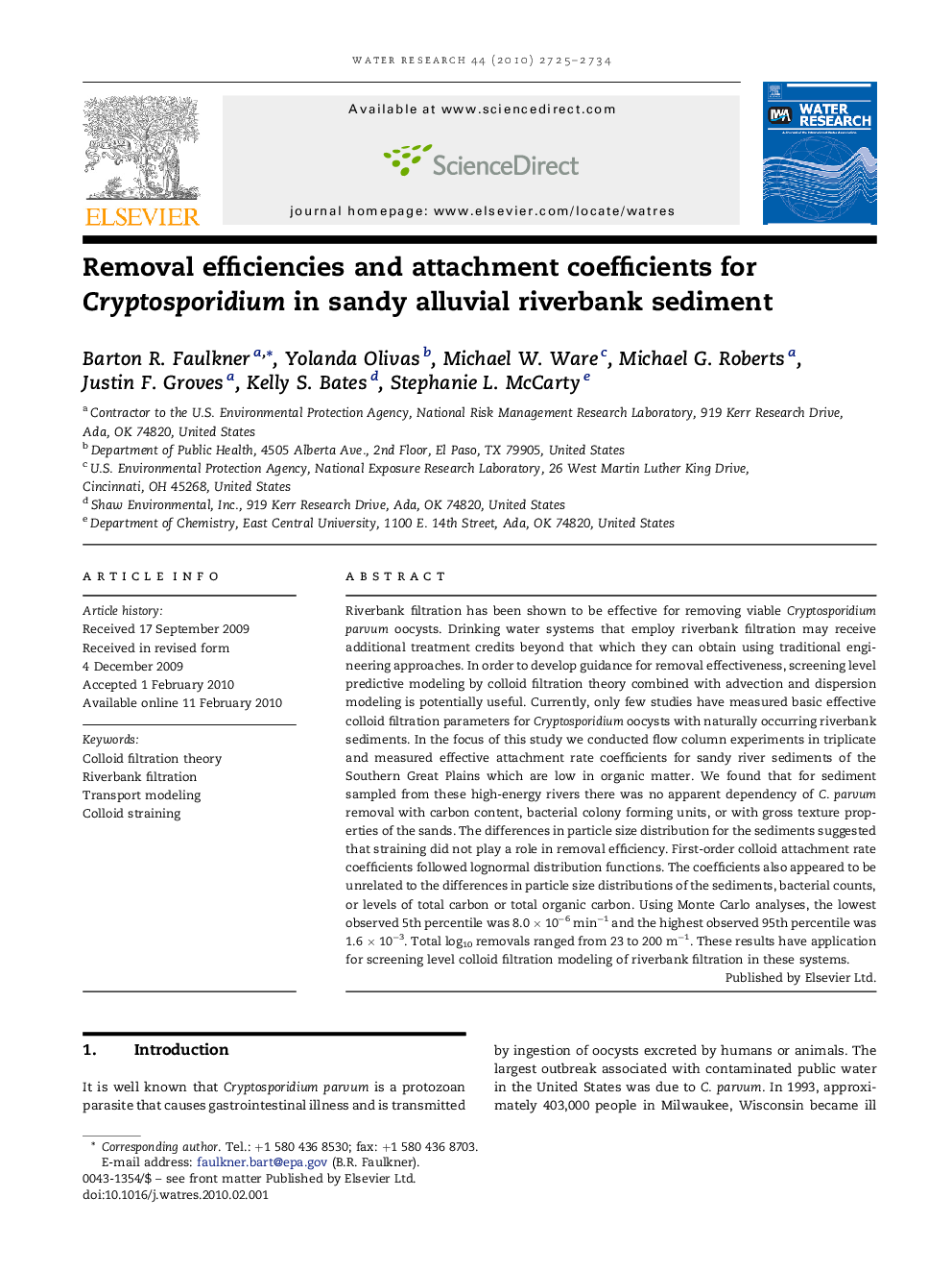 Removal efficiencies and attachment coefficients for Cryptosporidium in sandy alluvial riverbank sediment