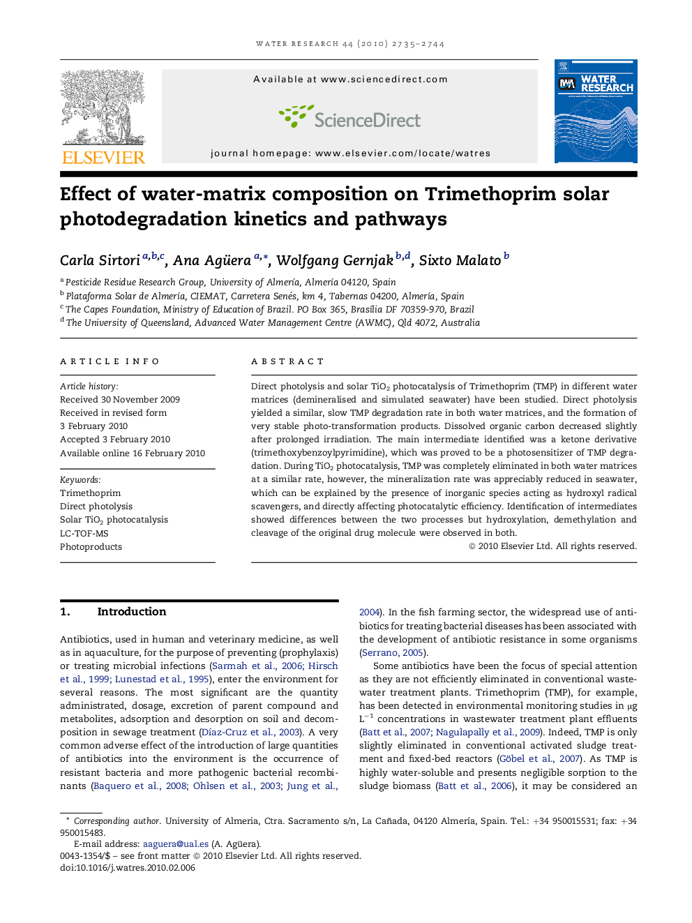 Effect of water-matrix composition on Trimethoprim solar photodegradation kinetics and pathways