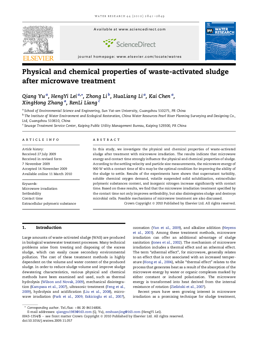 Physical and chemical properties of waste-activated sludge after microwave treatment