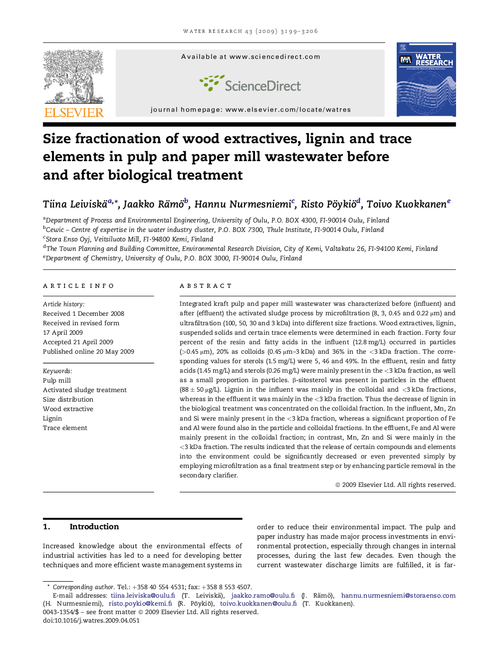 Size fractionation of wood extractives, lignin and trace elements in pulp and paper mill wastewater before and after biological treatment