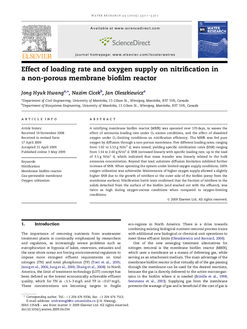 Effect of loading rate and oxygen supply on nitrification in a non-porous membrane biofilm reactor