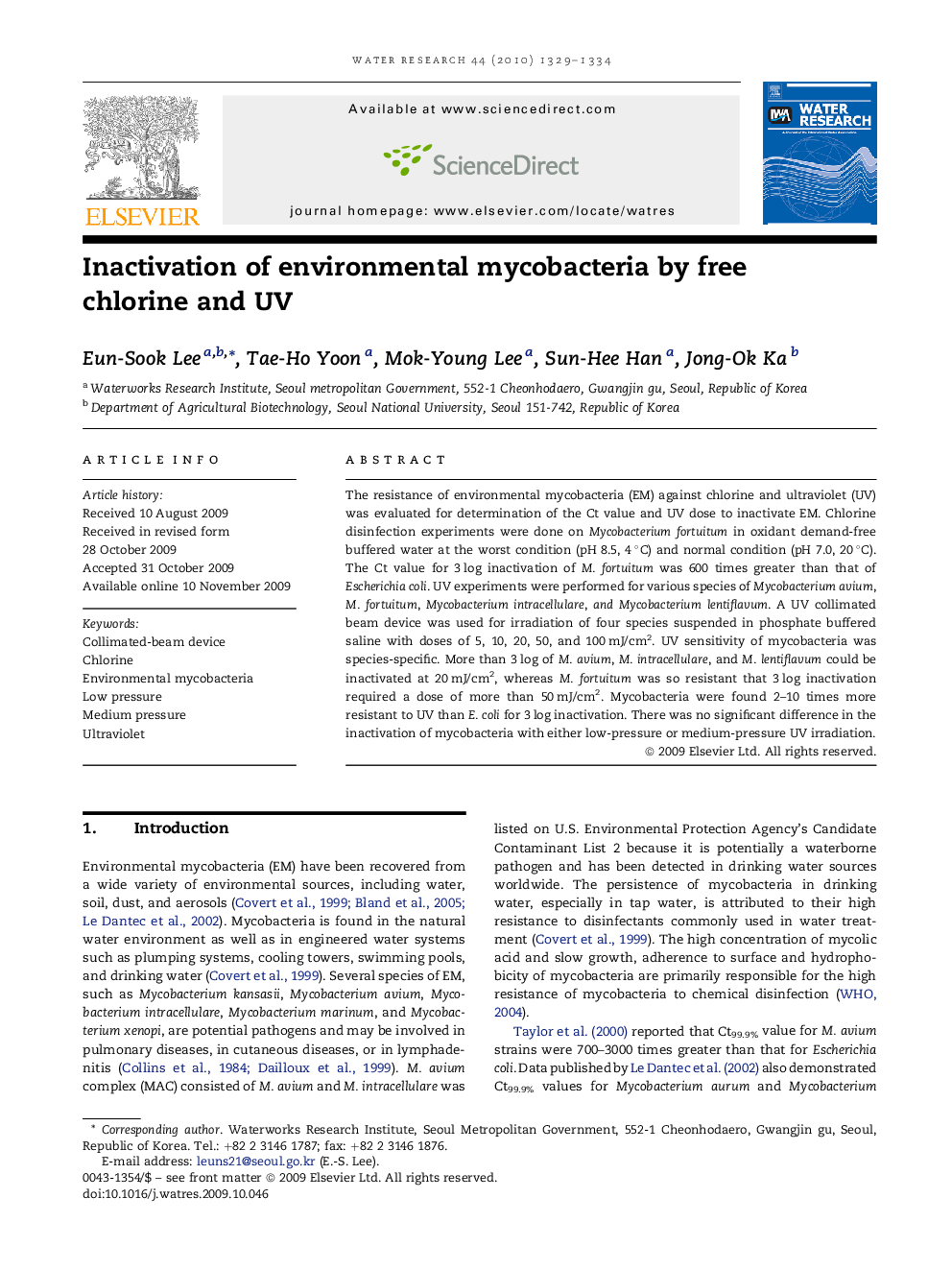 Inactivation of environmental mycobacteria by free chlorine and UV