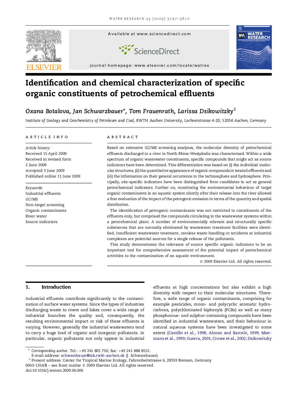 Identification and chemical characterization of specific organic constituents of petrochemical effluents