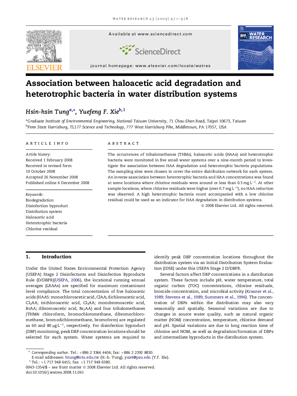 Association between haloacetic acid degradation and heterotrophic bacteria in water distribution systems