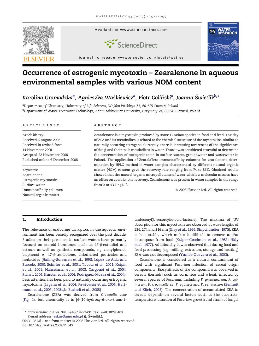 Occurrence of estrogenic mycotoxin – Zearalenone in aqueous environmental samples with various NOM content