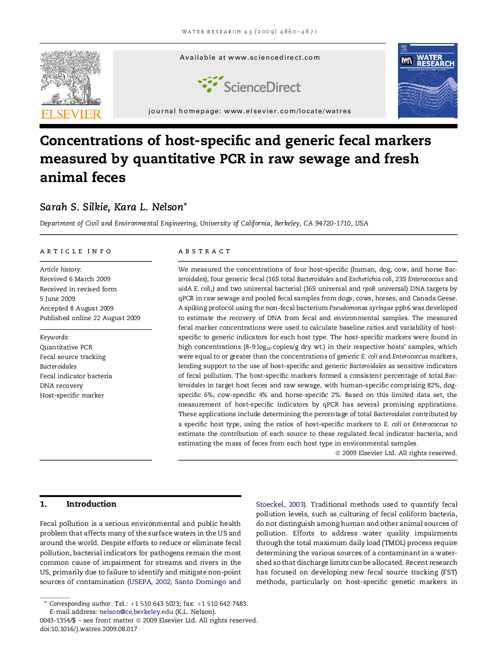 Concentrations of host-specific and generic fecal markers measured by quantitative PCR in raw sewage and fresh animal feces