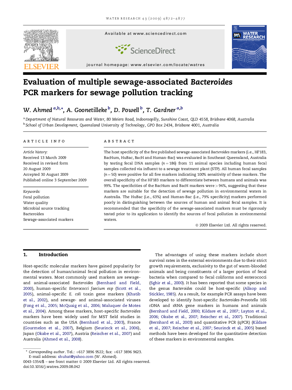 Evaluation of multiple sewage-associated Bacteroides PCR markers for sewage pollution tracking