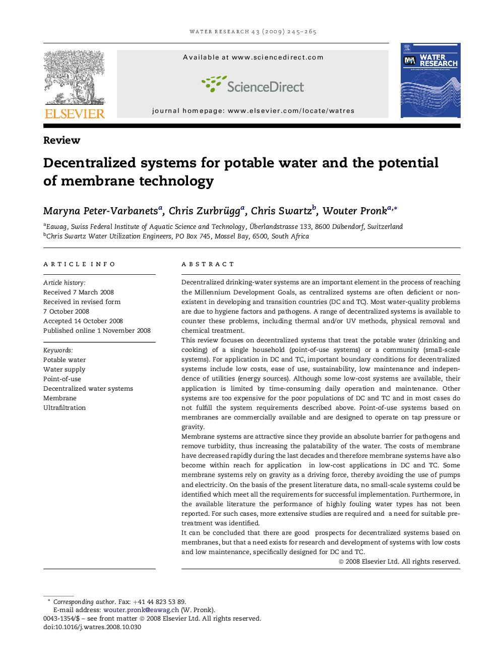 Decentralized systems for potable water and the potential of membrane technology