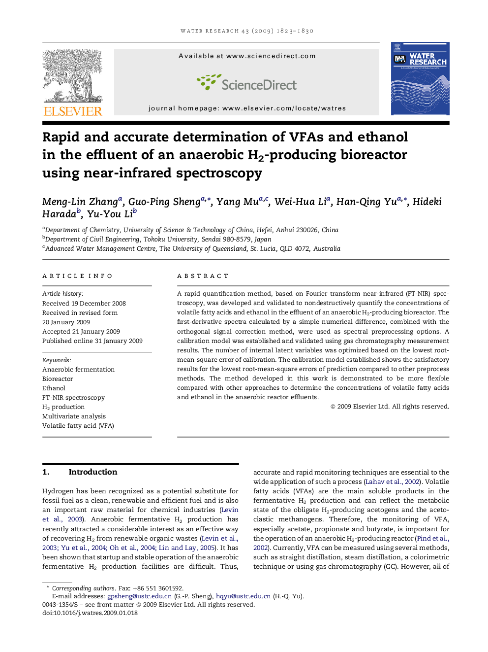 Rapid and accurate determination of VFAs and ethanol in the effluent of an anaerobic H2-producing bioreactor using near-infrared spectroscopy