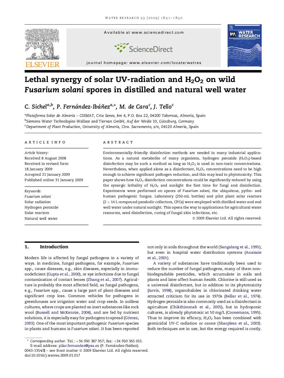 Lethal synergy of solar UV-radiation and H2O2 on wild Fusarium solani spores in distilled and natural well water