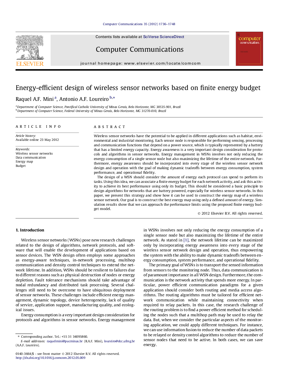 Energy-efficient design of wireless sensor networks based on finite energy budget