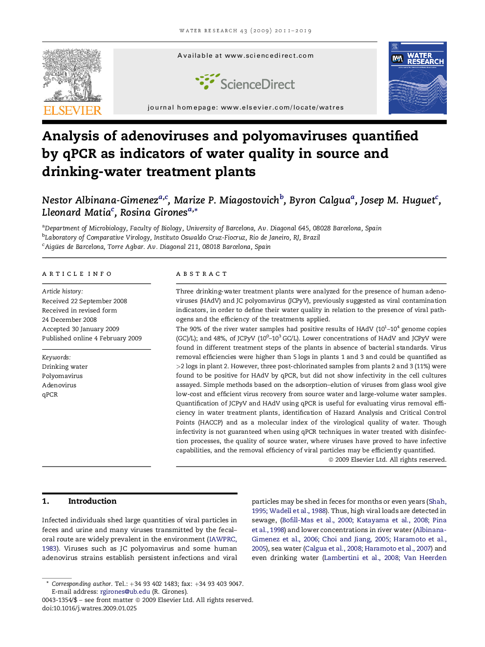 Analysis of adenoviruses and polyomaviruses quantified by qPCR as indicators of water quality in source and drinking-water treatment plants