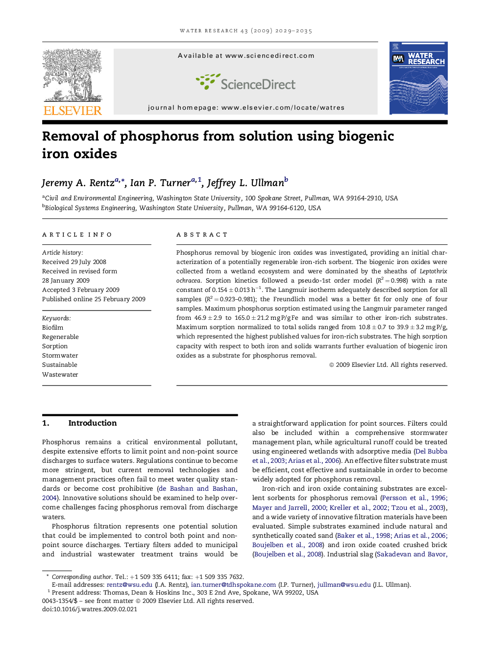 Removal of phosphorus from solution using biogenic iron oxides