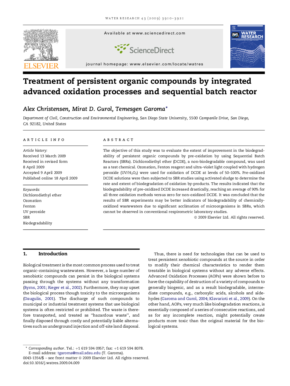 Treatment of persistent organic compounds by integrated advanced oxidation processes and sequential batch reactor