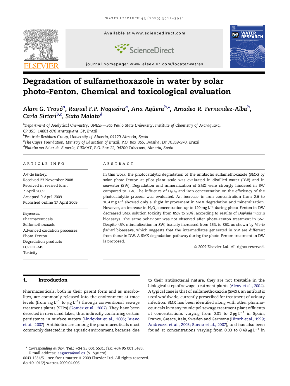 Degradation of sulfamethoxazole in water by solar photo-Fenton. Chemical and toxicological evaluation