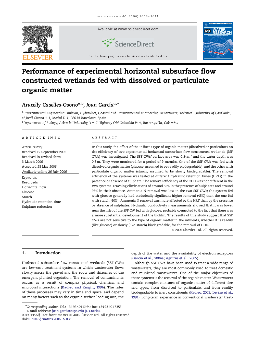 Performance of experimental horizontal subsurface flow constructed wetlands fed with dissolved or particulate organic matter