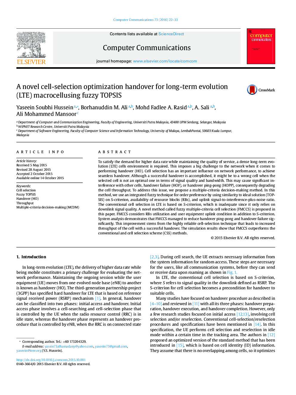 A novel cell-selection optimization handover for long-term evolution (LTE) macrocellusing fuzzy TOPSIS