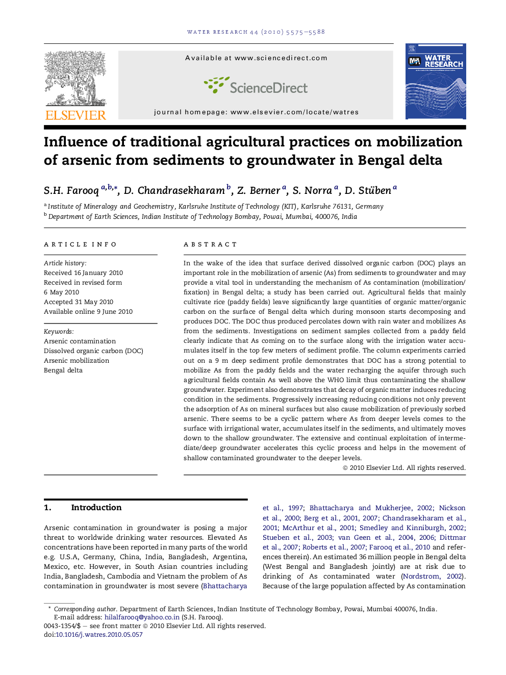 Influence of traditional agricultural practices on mobilization of arsenic from sediments to groundwater in Bengal delta