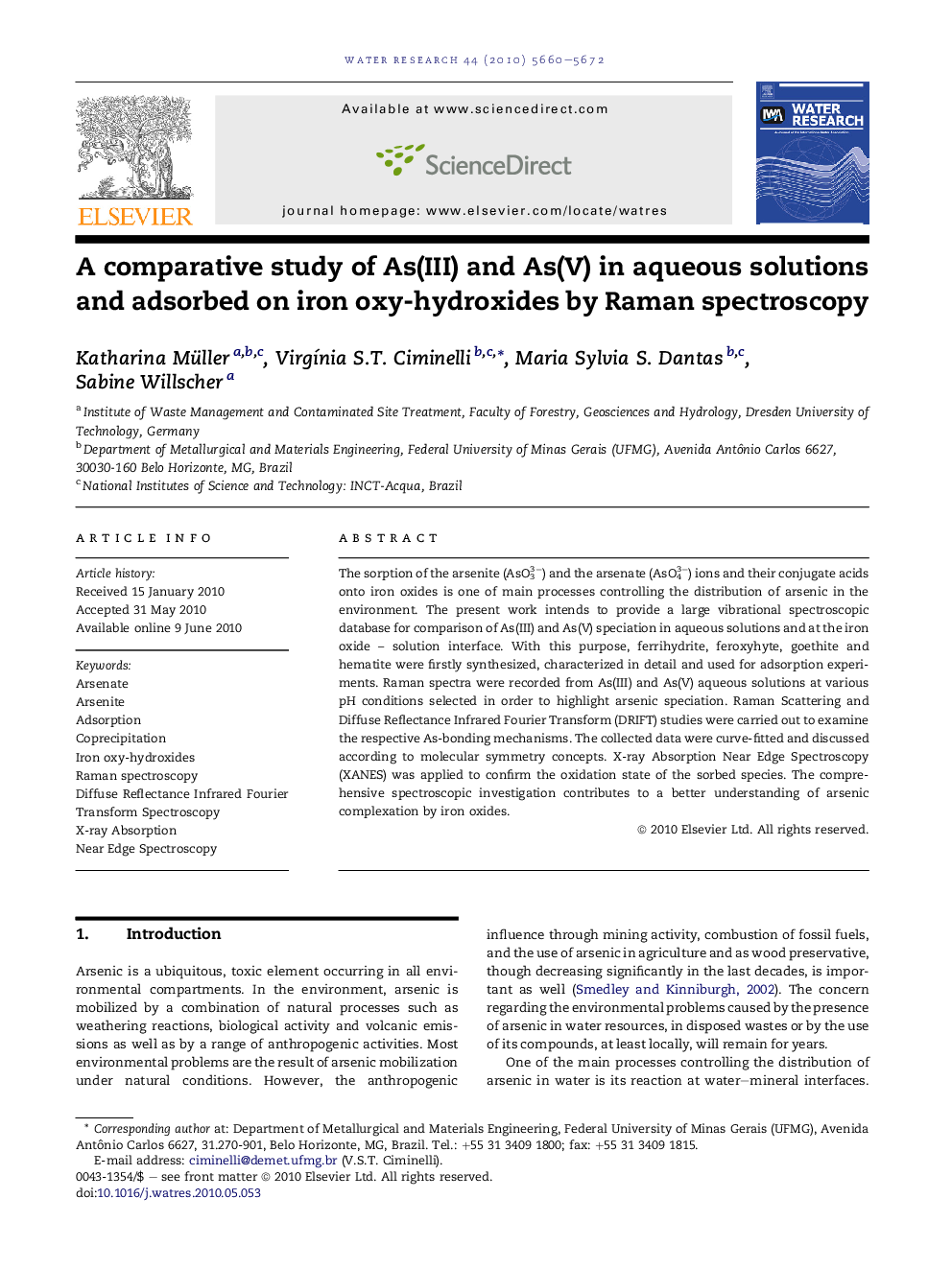 A comparative study of As(III) and As(V) in aqueous solutions and adsorbed on iron oxy-hydroxides by Raman spectroscopy