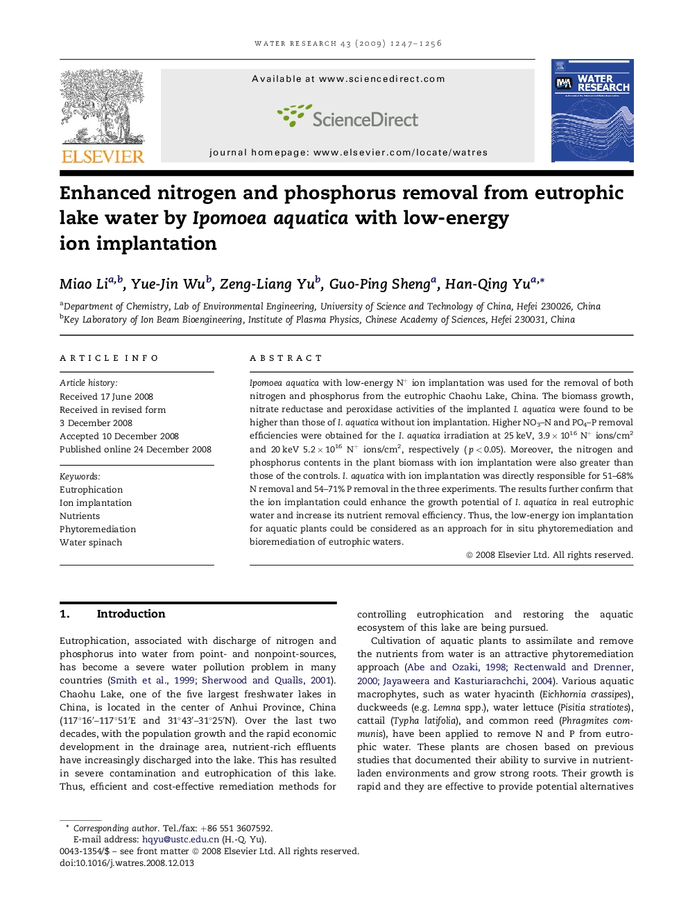 Enhanced nitrogen and phosphorus removal from eutrophic lake water by Ipomoea aquatica with low-energy ion implantation