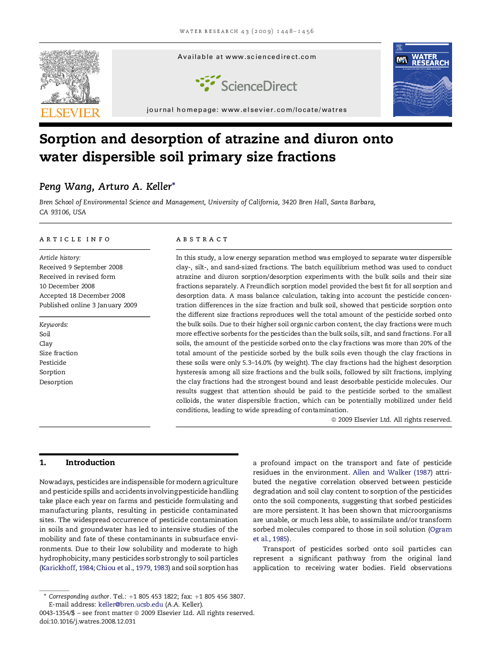 Sorption and desorption of atrazine and diuron onto water dispersible soil primary size fractions