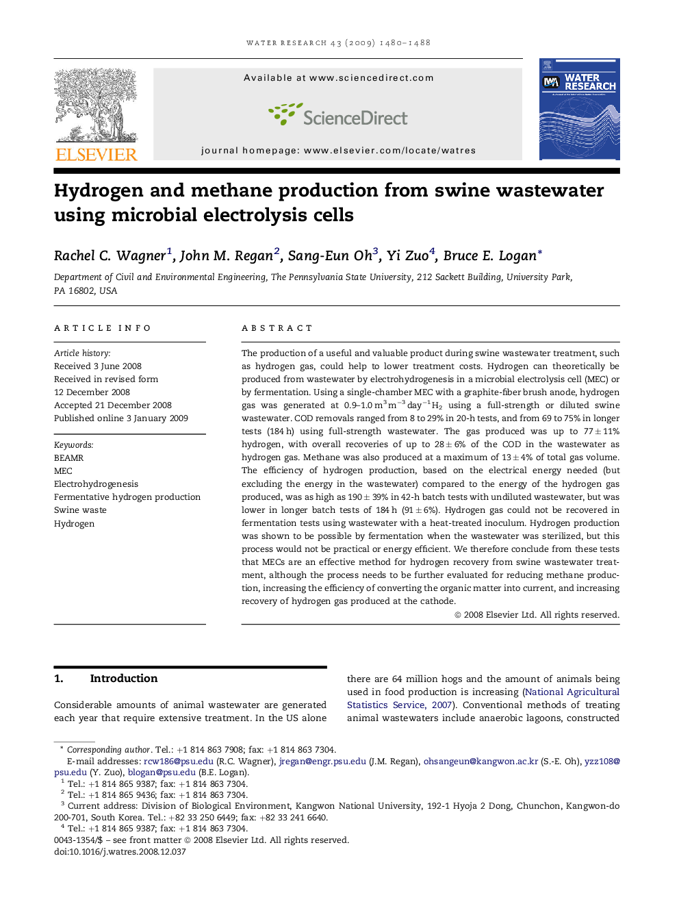 Hydrogen and methane production from swine wastewater using microbial electrolysis cells