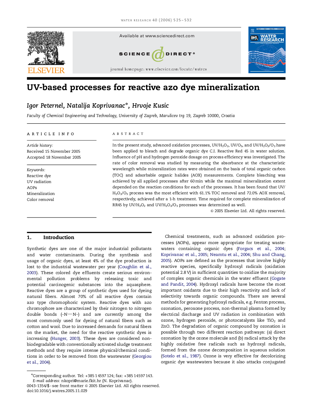 UV-based processes for reactive azo dye mineralization