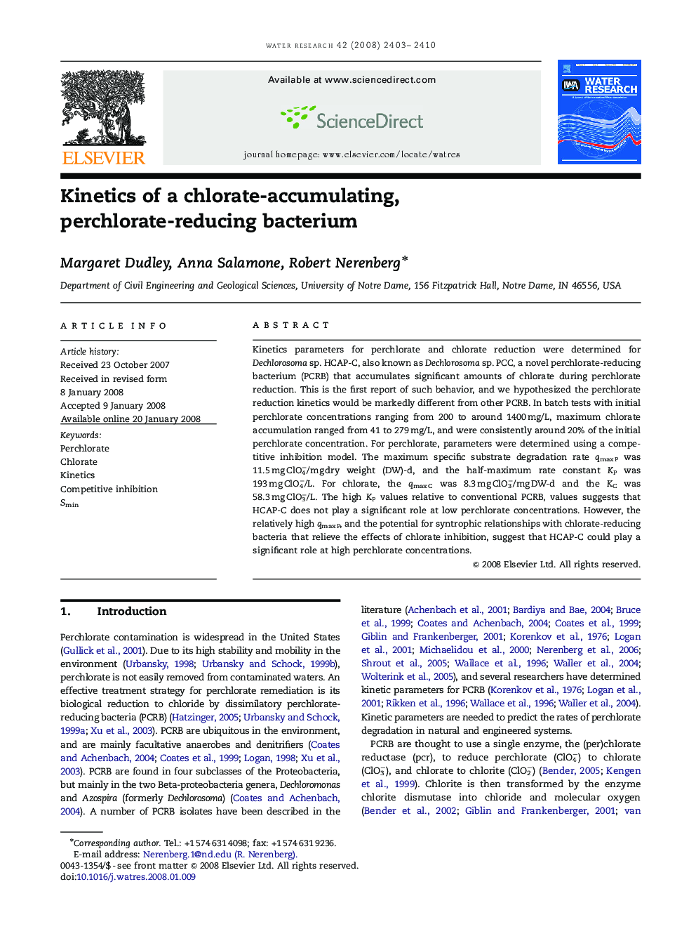 Kinetics of a chlorate-accumulating, perchlorate-reducing bacterium