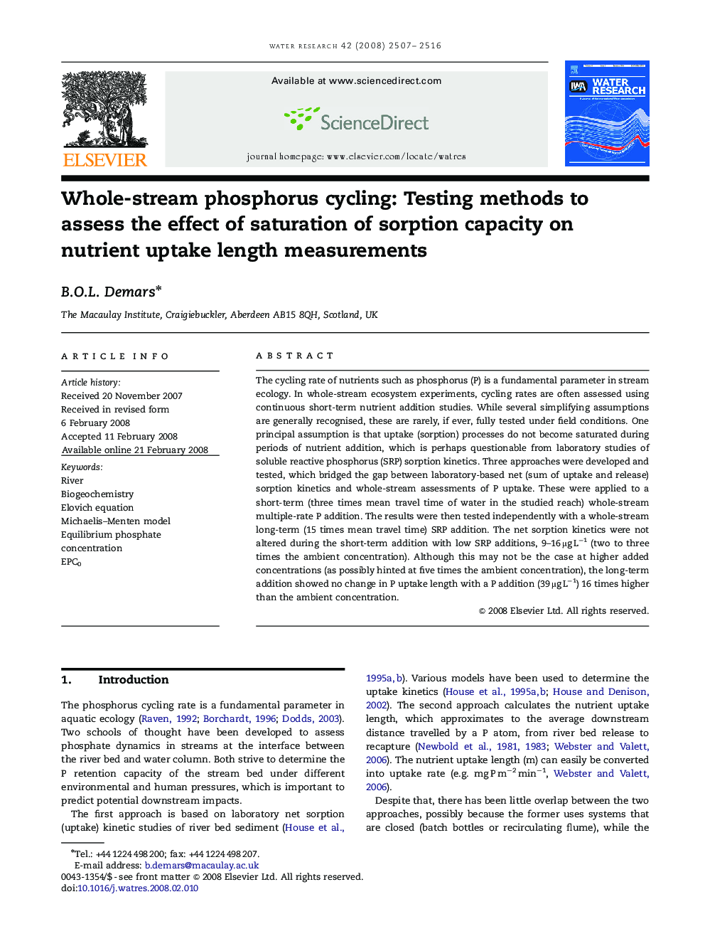 Whole-stream phosphorus cycling: Testing methods to assess the effect of saturation of sorption capacity on nutrient uptake length measurements