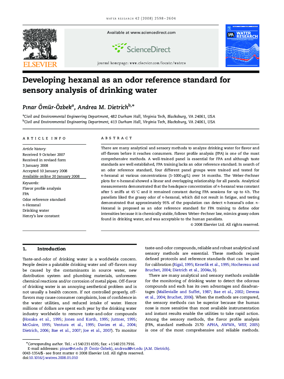 Developing hexanal as an odor reference standard for sensory analysis of drinking water