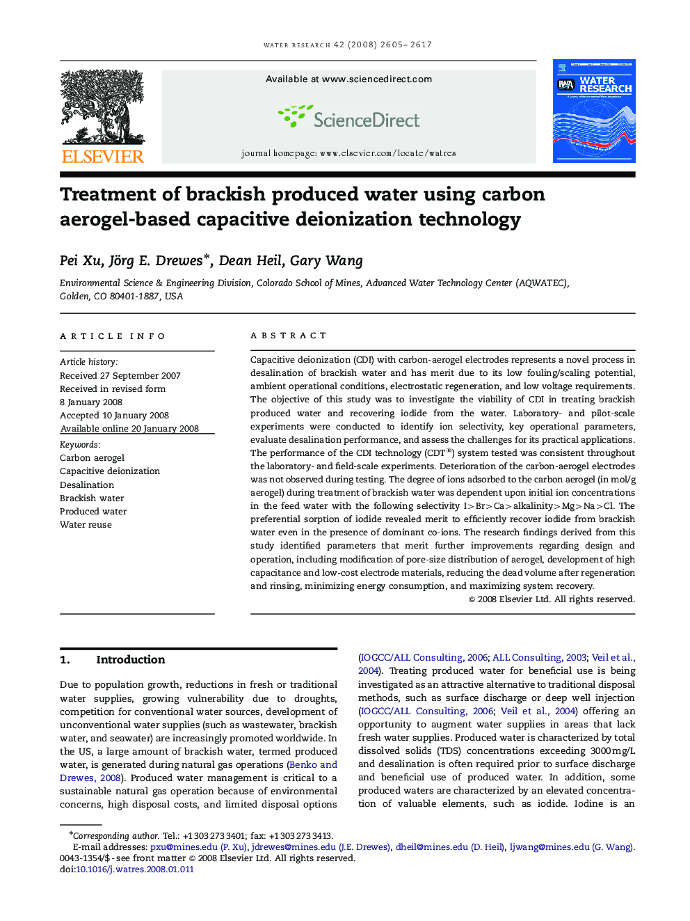 Treatment of brackish produced water using carbon aerogel-based capacitive deionization technology