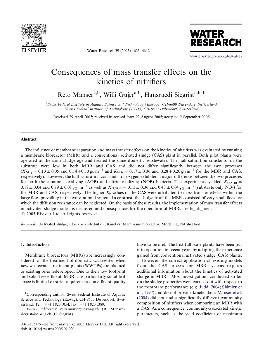 Consequences of mass transfer effects on the kinetics of nitrifiers