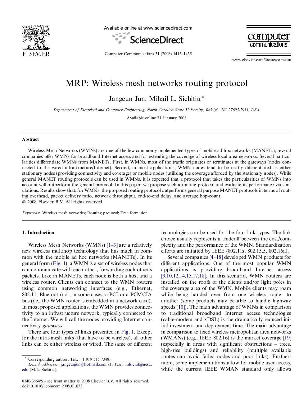 MRP: Wireless mesh networks routing protocol