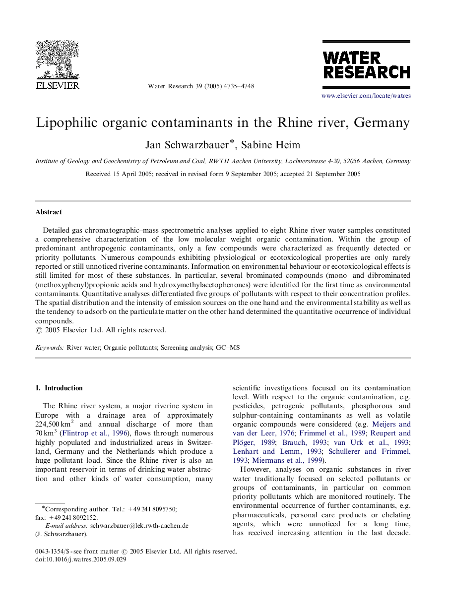 Lipophilic organic contaminants in the Rhine river, Germany