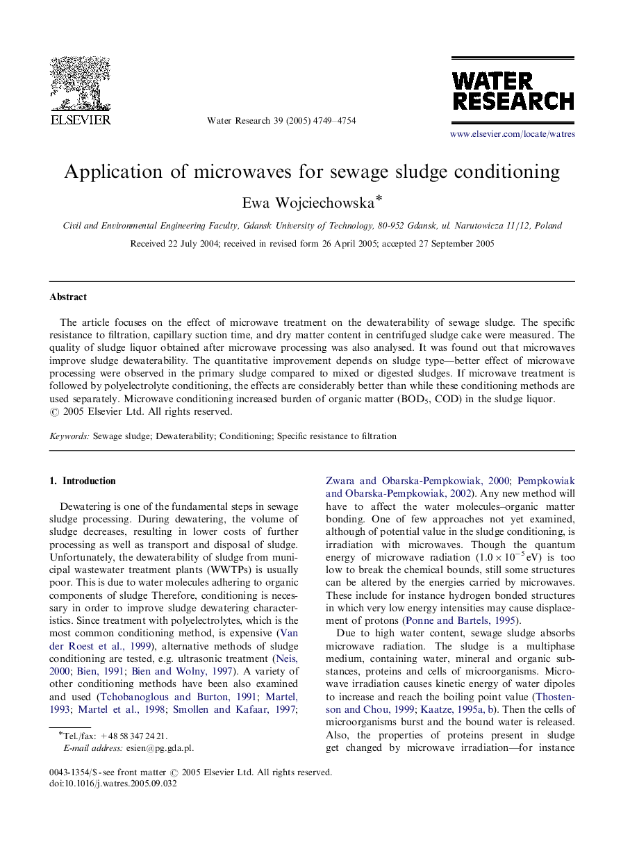 Application of microwaves for sewage sludge conditioning