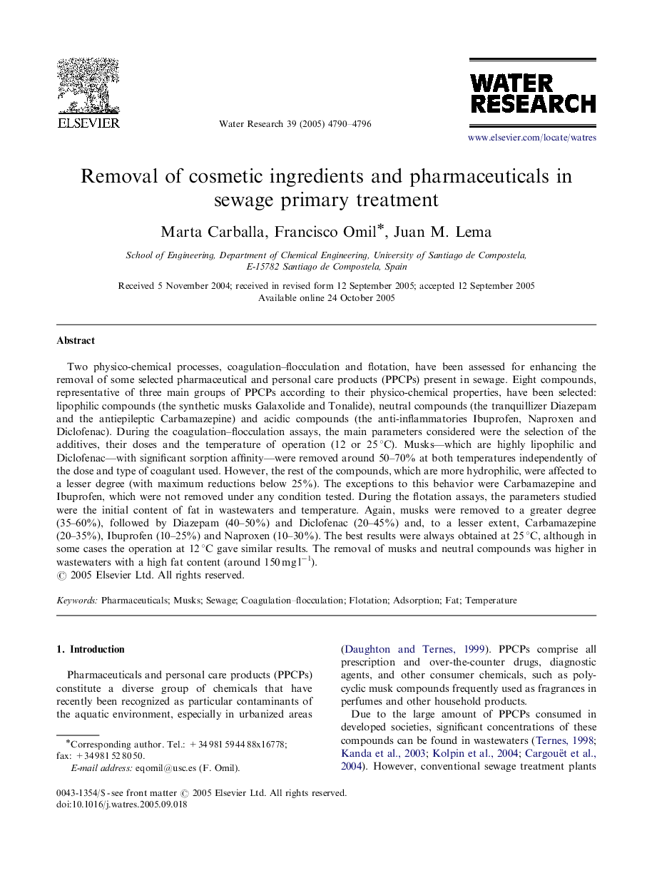 Removal of cosmetic ingredients and pharmaceuticals in sewage primary treatment