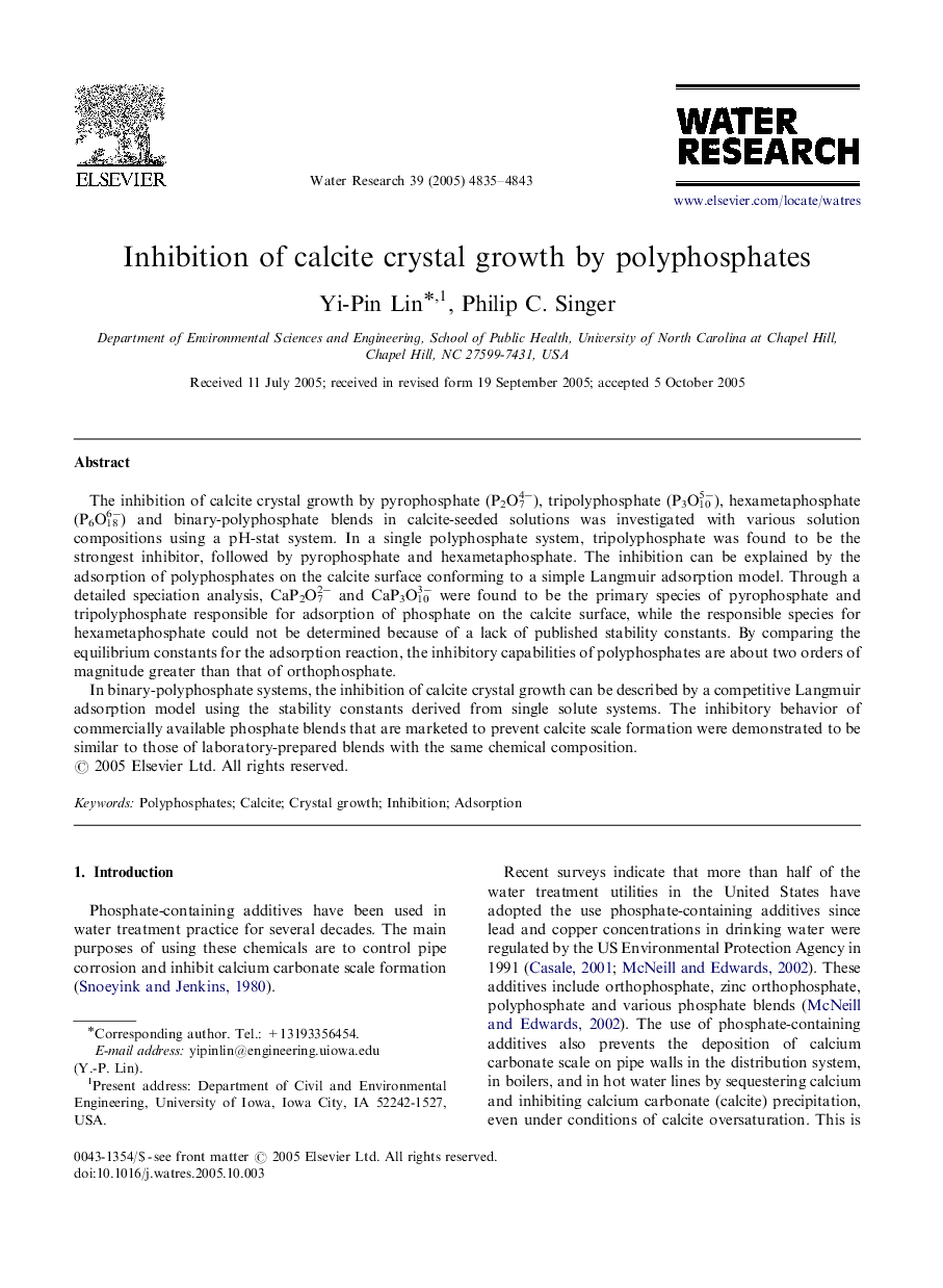 Inhibition of calcite crystal growth by polyphosphates