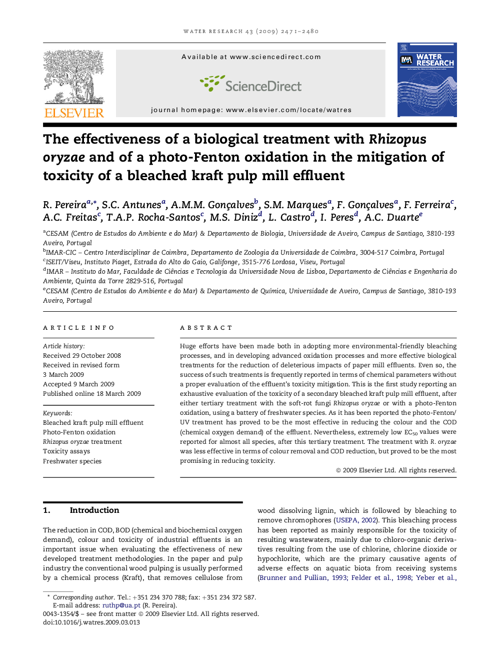 The effectiveness of a biological treatment with Rhizopus oryzae and of a photo-Fenton oxidation in the mitigation of toxicity of a bleached kraft pulp mill effluent