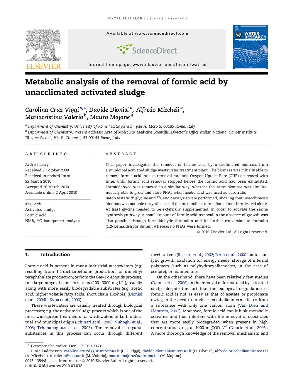 Metabolic analysis of the removal of formic acid by unacclimated activated sludge