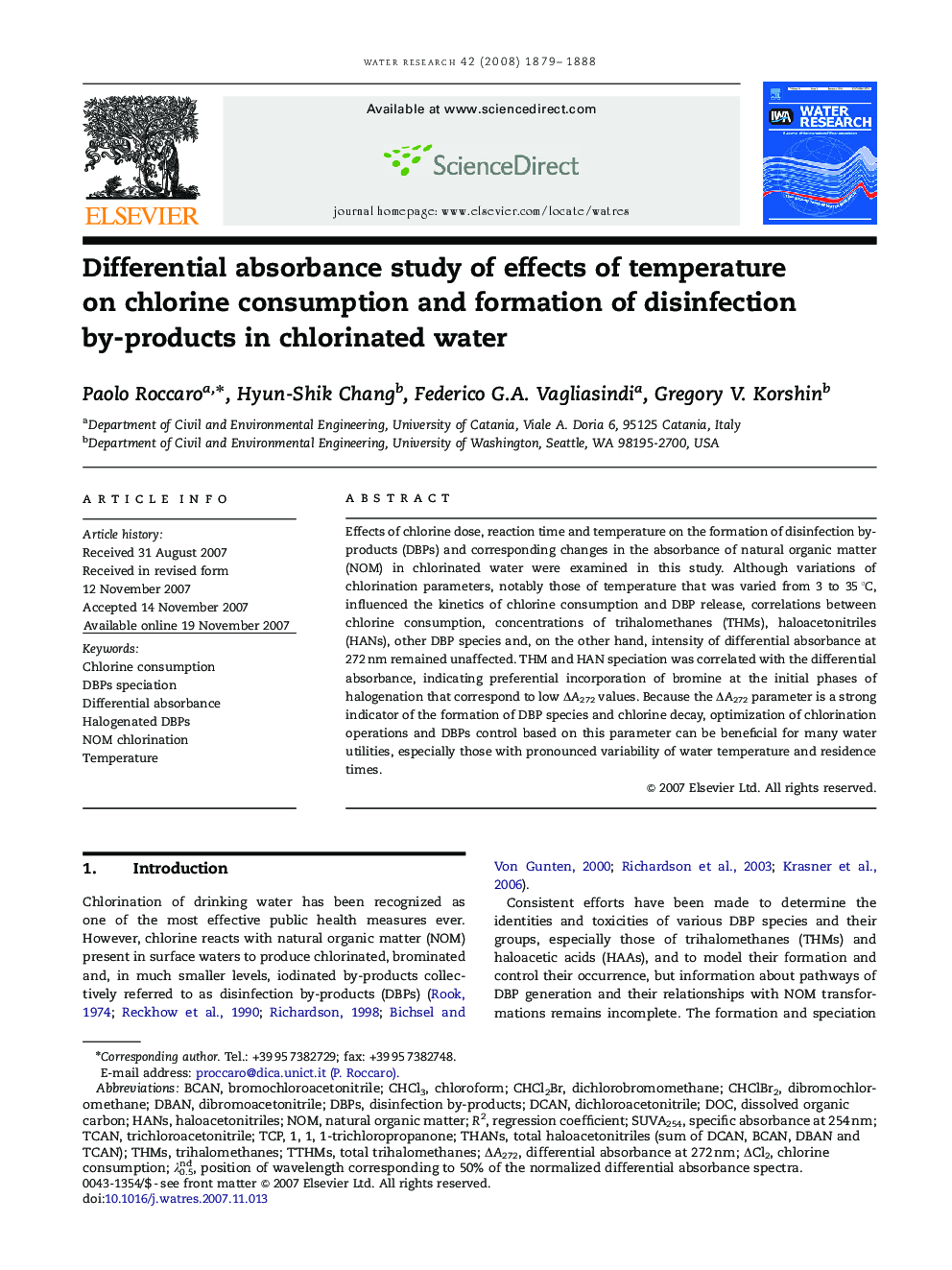 Differential absorbance study of effects of temperature on chlorine consumption and formation of disinfection by-products in chlorinated water