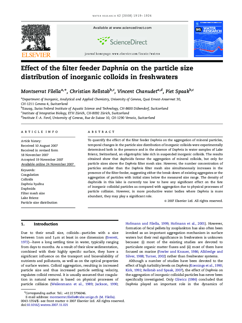 Effect of the filter feeder Daphnia on the particle size distribution of inorganic colloids in freshwaters