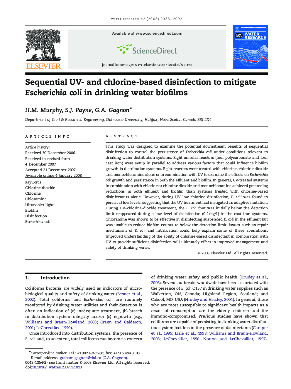 Sequential UV- and chlorine-based disinfection to mitigate Escherichia coli in drinking water biofilms