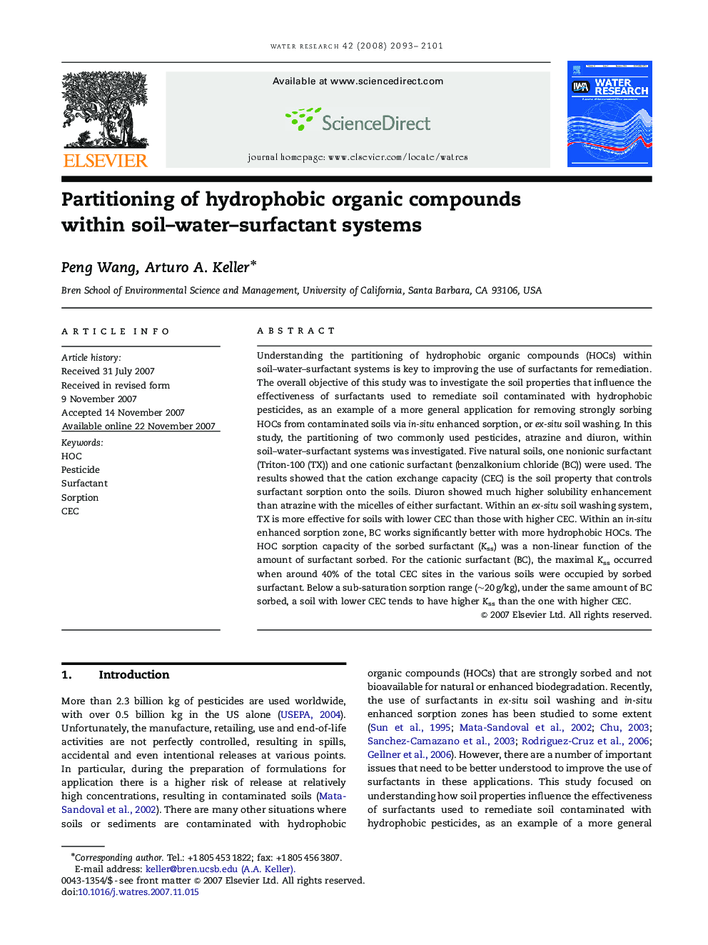 Partitioning of hydrophobic organic compounds within soil–water–surfactant systems