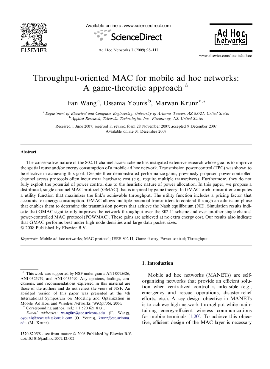 Throughput-oriented MAC for mobile ad hoc networks: A game-theoretic approach 