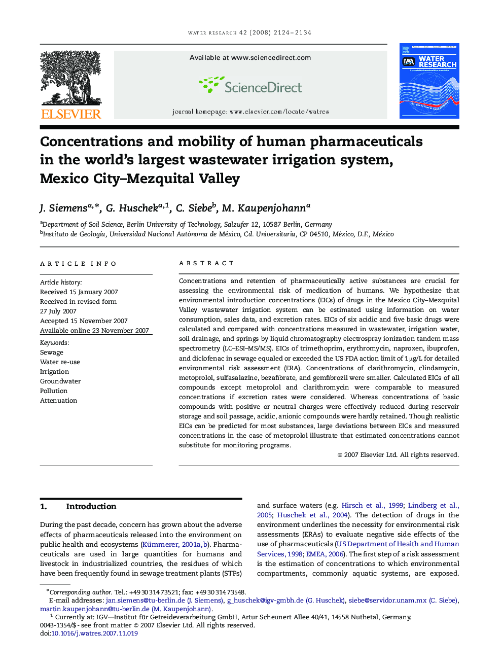 Concentrations and mobility of human pharmaceuticals in the world's largest wastewater irrigation system, Mexico City–Mezquital Valley